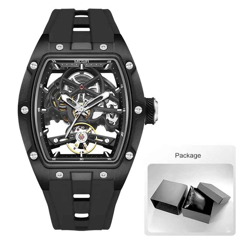 MEGIR Automatic Wristwatch Men Fashion Black Silicone Strap Wateproof Luminous Sport Mechanical Watch with Tonneau Dial 2242