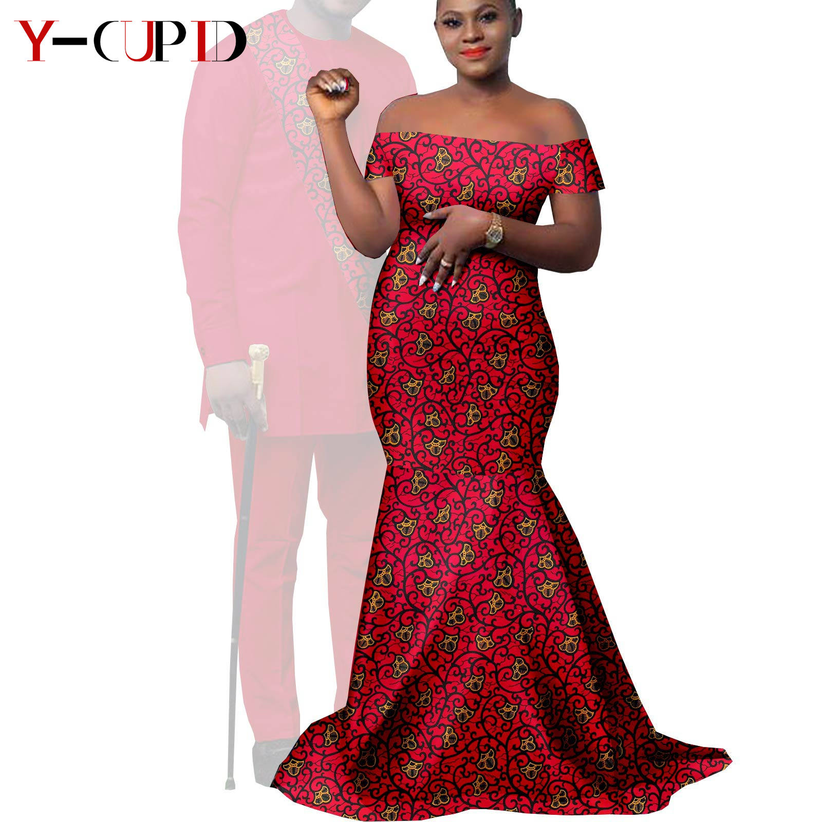 African Clothes for Couples Bazin African Print Long Dresses for Women Match Men Outfits Dashiki Top and Pants Sets Y22C023