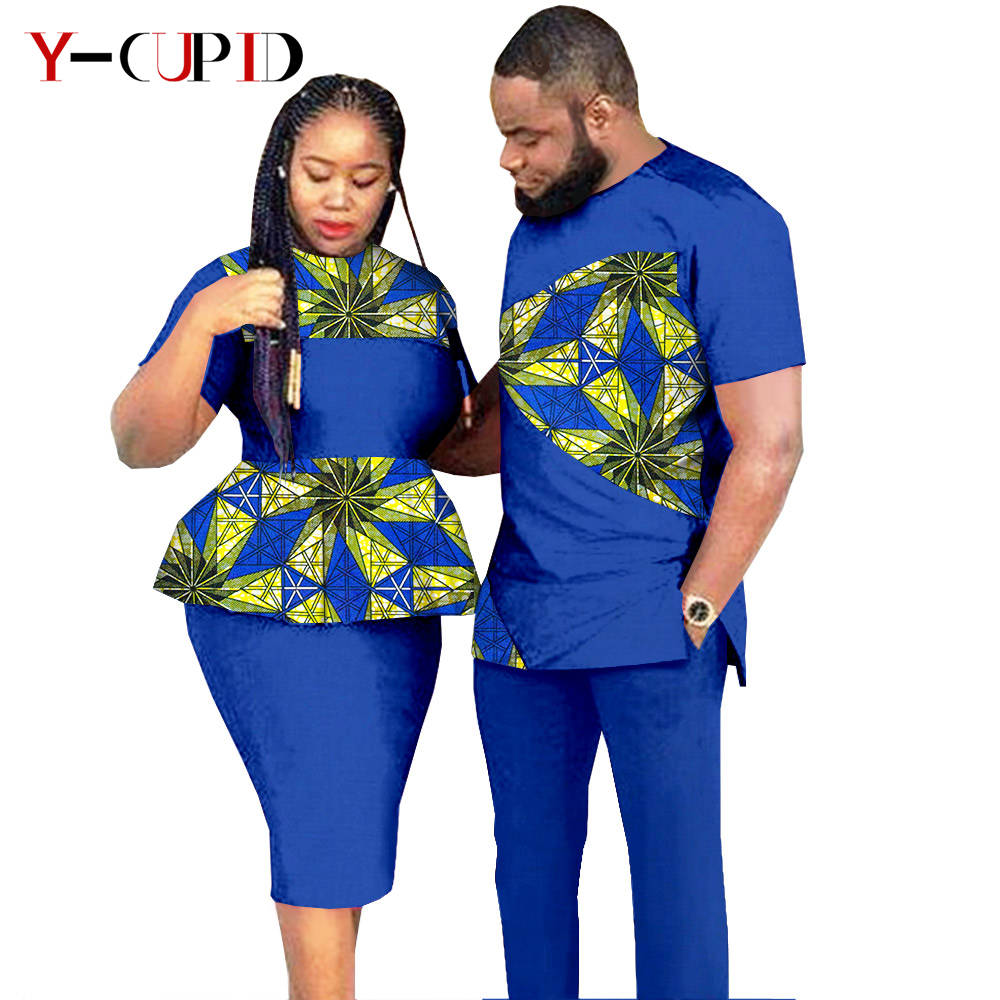 African Clothes for Couples Dashiki Women Patchwork Print Dresses Matching Men Outfit Top and Pants Sets Love Party Wear S20C010