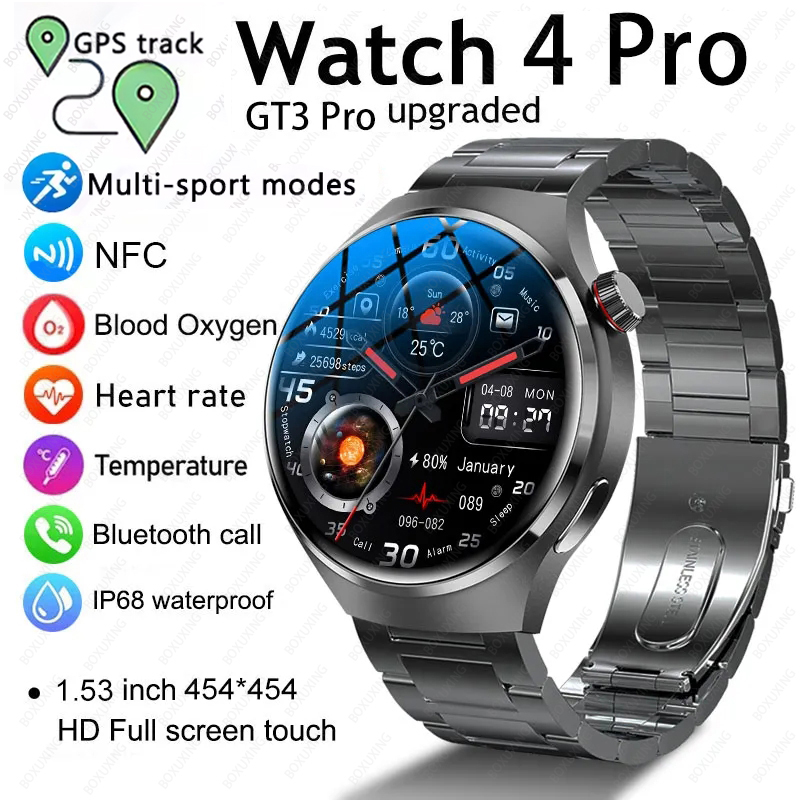 2025 New Watch 4 Pro GPS NFC Smart Watch Men 360*360 AMOLED Screen Heart Rate Bluetooth Call Waterproof Sports Man Smartwatch