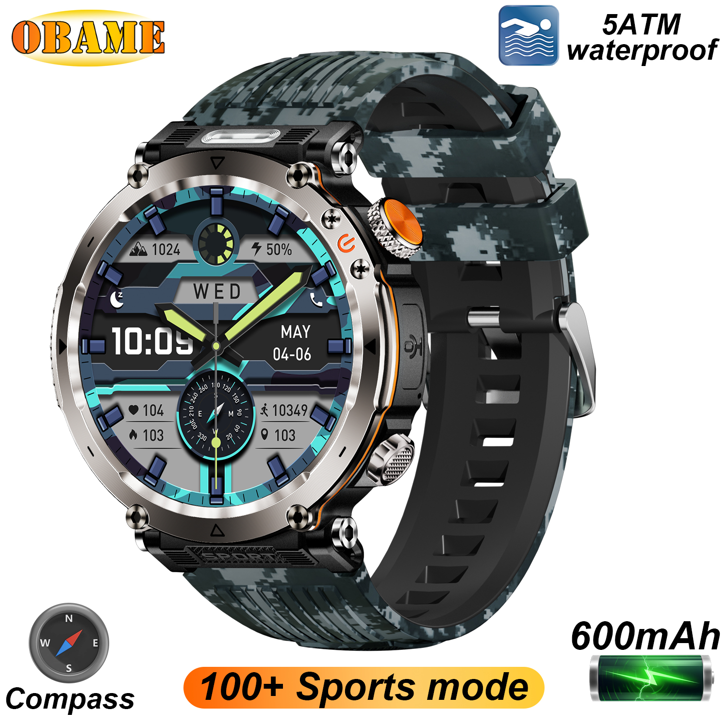 5ATM Outdoor Smart Watch Men 600mAh LED Flashlight SmartWatch Compass Bluetooth call Heart rate IP 68 Sports Smartwatch 2025 New