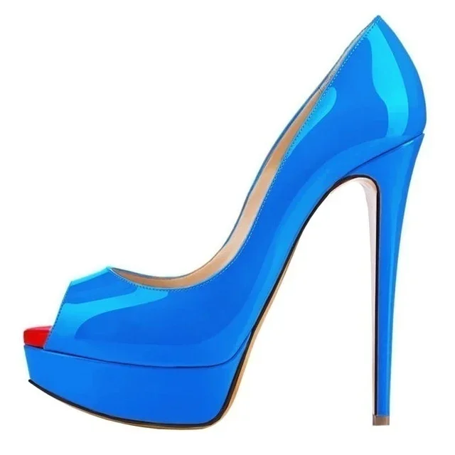 2025 New Women Pumps Sexy Platform Peep Toe 14cm Extremely High Heels Stiletto Patent Leather Party Nighclub Red Wedding Shoes