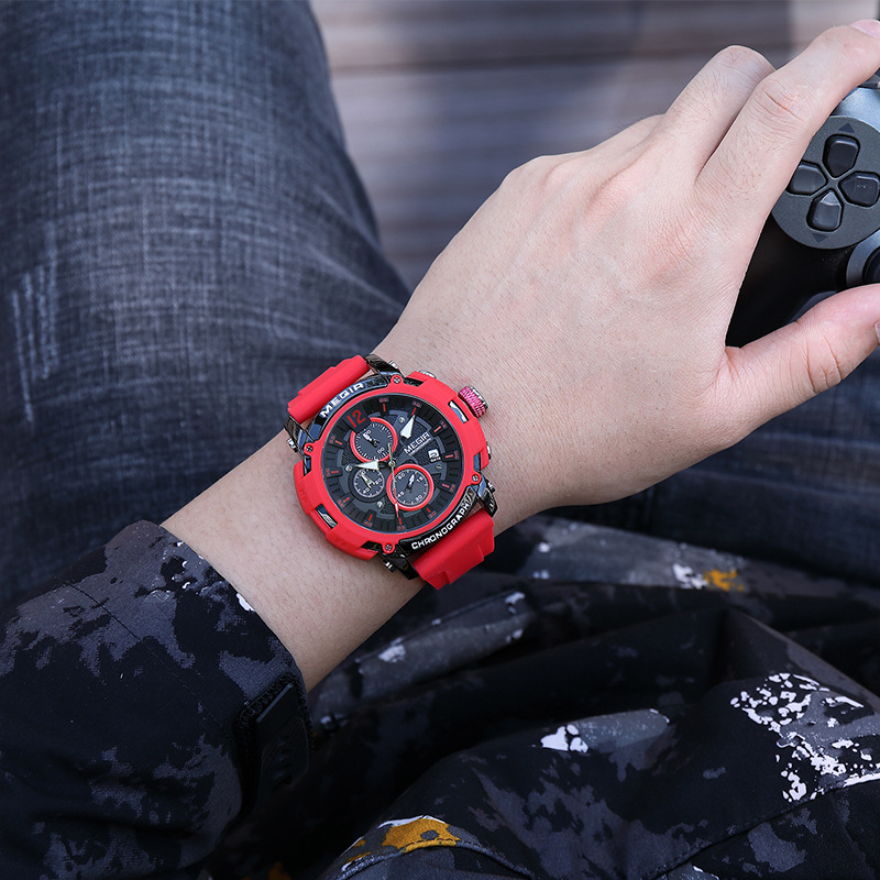 MEGIR 2208 Sport Factory Watches for Men Big Dieal Silicone Strap 3D Scale Waterproof Luminous Chronograph Quartz Wristwatch
