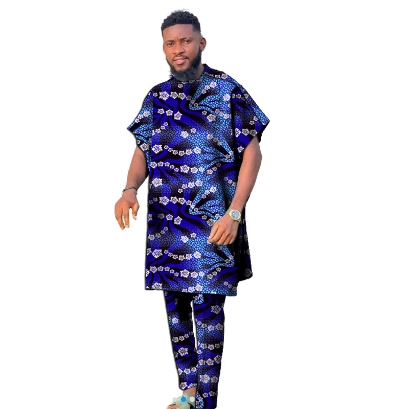 Short Sleeves Men Set Nigerian Style Colorful African Couture Dashiki Tops With Pant Groom Suit Male Traditional Garment