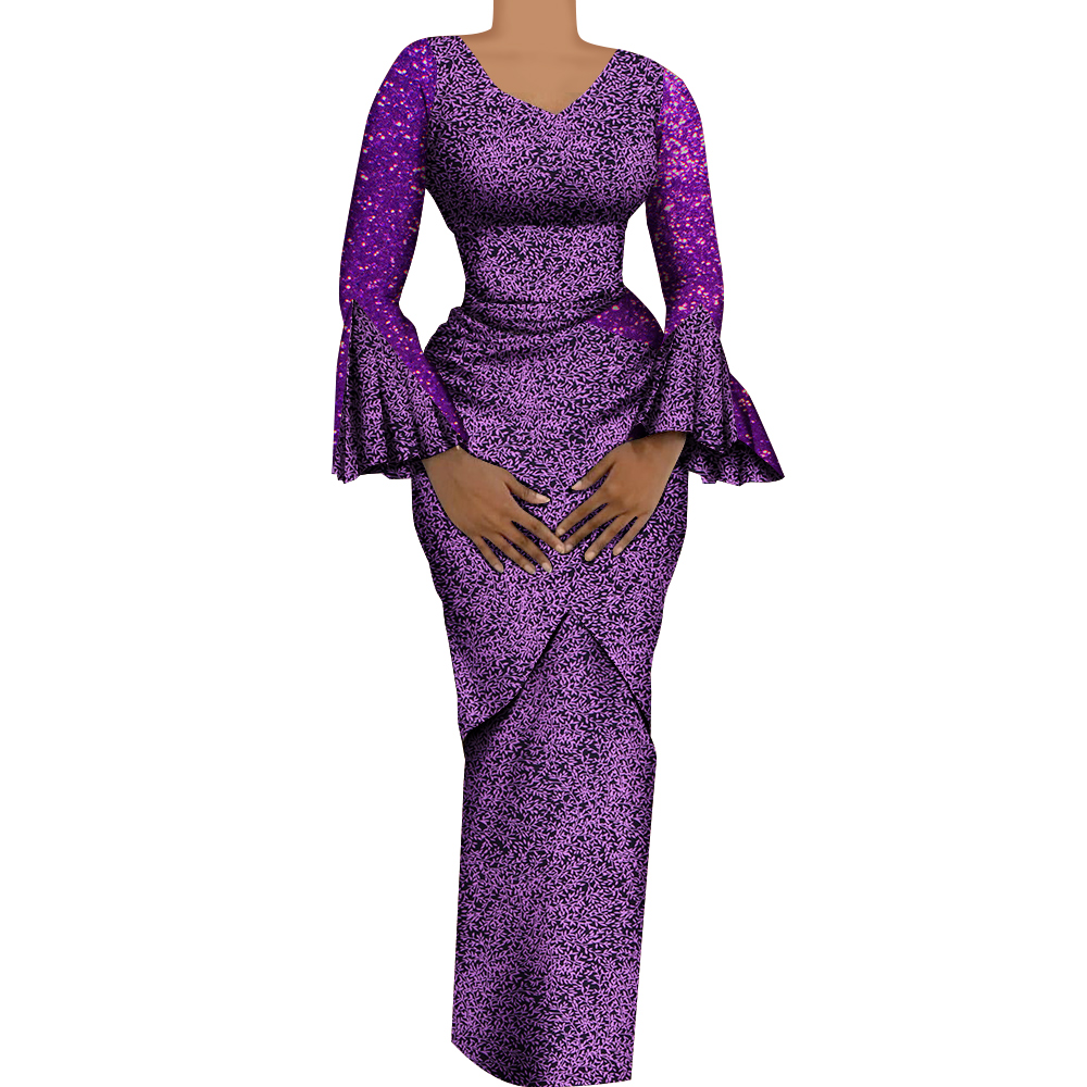 Women African Outfits 2 Pieces Set Shiny Flare Sleeves V Neck Tops and Long Pencil Skirts African Clothes for Women WY9972