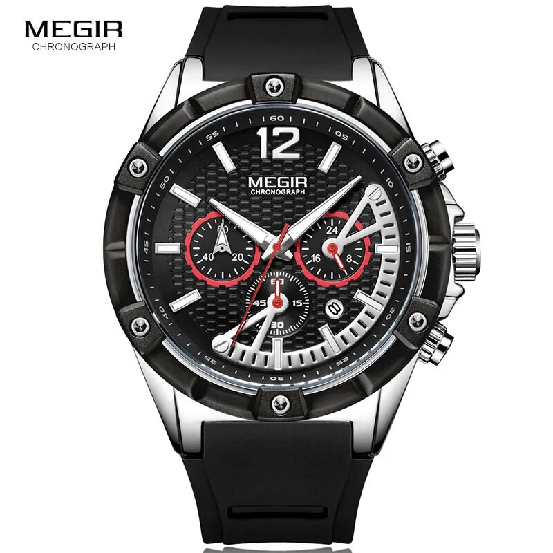Megir Sports Silicone Chronograph Quartz Wrist Watches for Men Man's Waterproof 24 Hours Clock Relogios Masculinos 2083GS-BK-1