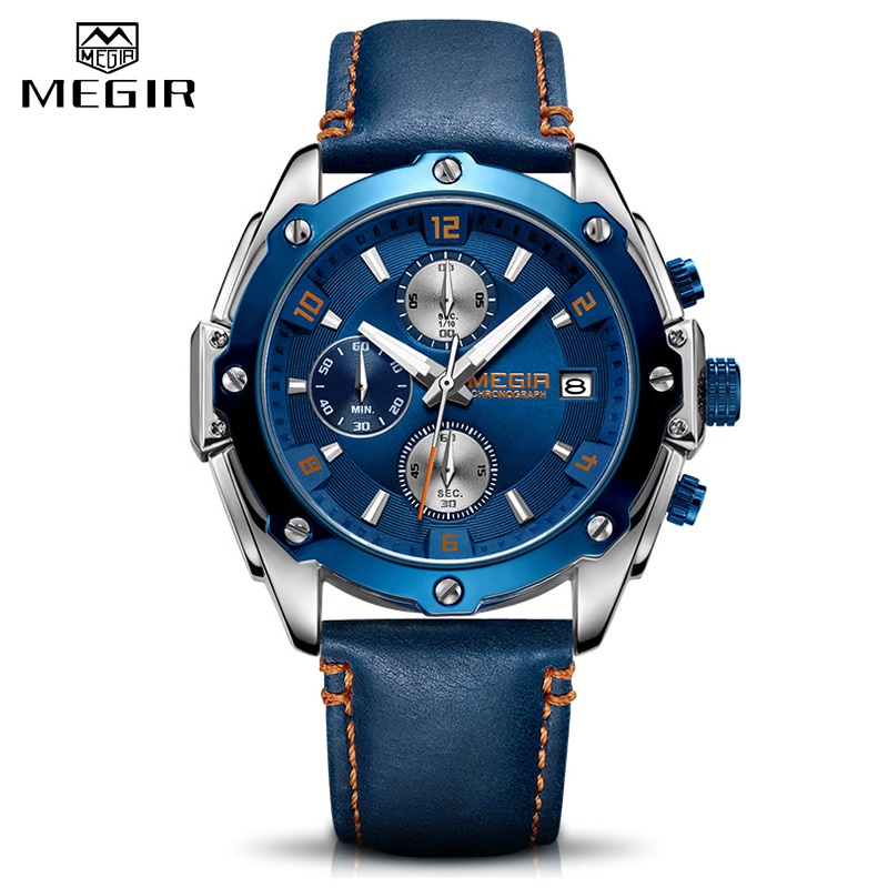 Men's Army Military Wrist Watch MEGIR Men Luxury Blue Watch Leather Sports Watches Mens Business Waterproof Quartz Clock Relogio