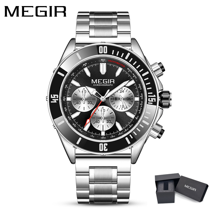 MEGIR 2226 Men Quartz Watch Silver Blue Black Business Chronograph Luminous Wristwatch with Stainless Steel Silicone Strap