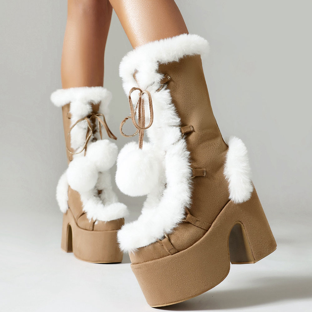 Big Size 46 Winter y2k Pink Knee High Boots Women White Chunky Platform Boots Gothic Black Faux Fur Block High Heels Boots Shoe