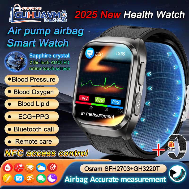 2025 New Air Pump Blood Pressure Accurate Measure Smart Watches Men Micro Physical Examination Fitness Sports Airbag SmartWatch