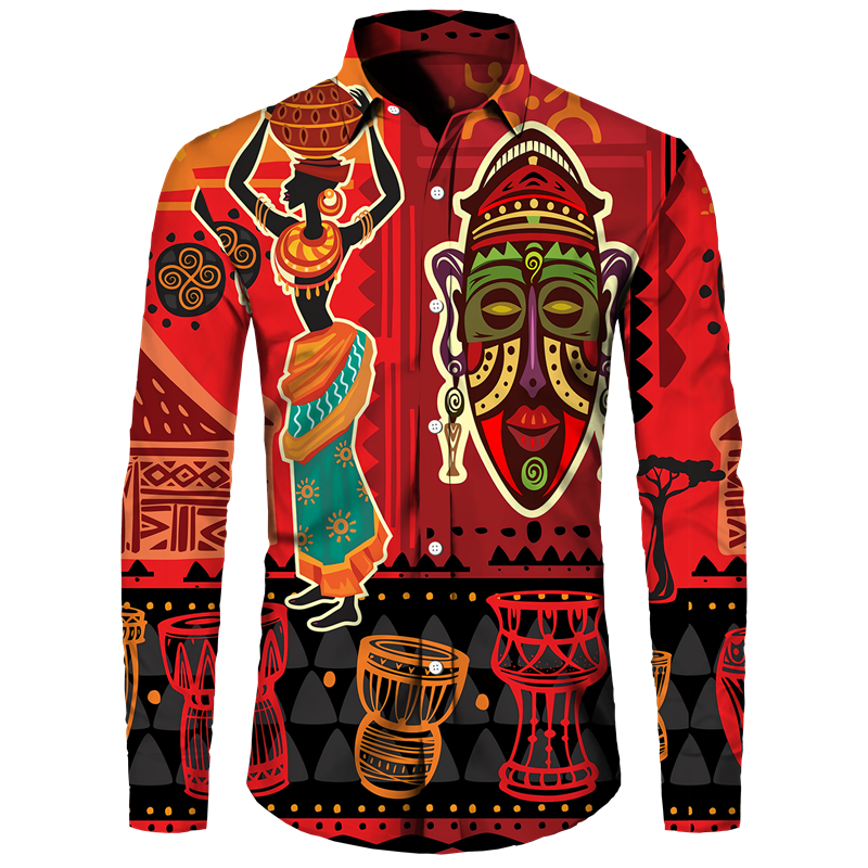 African Ethnic Pattern Hawaiian Shirts For Men Retro Drum 3D Printed Blouse Autumn Fashion Casual Loose Aloha Shirts Long Sleeve
