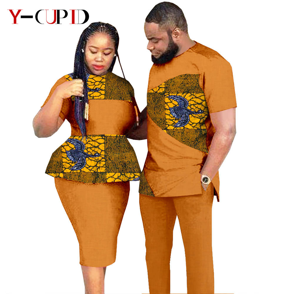 African Clothes for Couples Dashiki Women Patchwork Print Dresses Matching Men Outfit Top and Pants Sets Love Party Wear S20C010