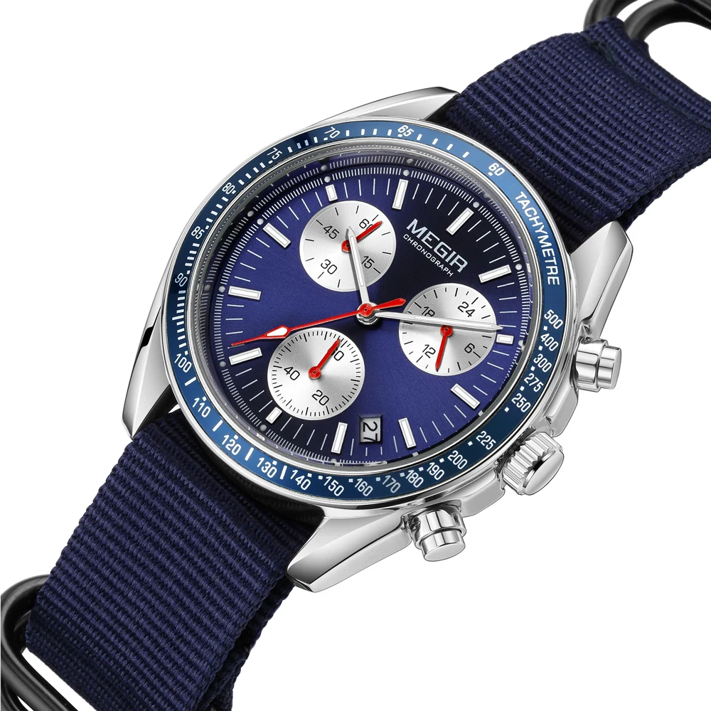 MEGIR New Luxury Men's Watches Canvas Weaving Strap Sport Automatic Chronograph Quartz Waterproof Wristwatch for Male 2247