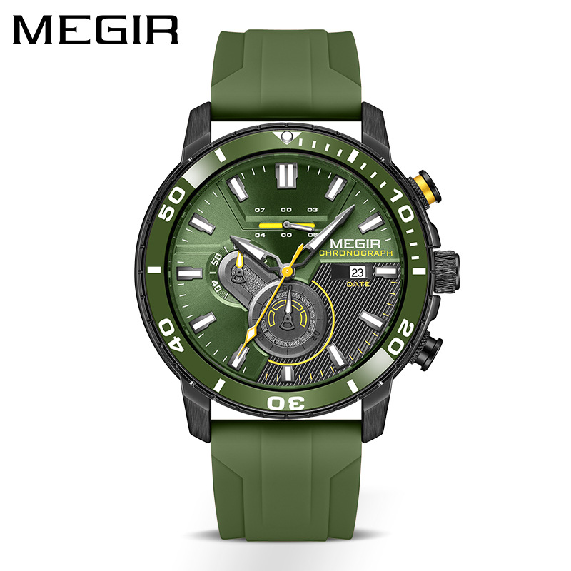 MEGIR 2224 Men Quartz Watch Sport Fashion Creative Cool Orange Silicone Strap Chronograph Luminous Date Wristwatch for Male