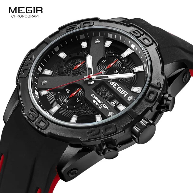 MEGIR Men's Fashion Sports Quartz Watches Luminous Silicone Strap Chronograph Analogue Wrist Watch for Man Black Red 2055G-BK-1