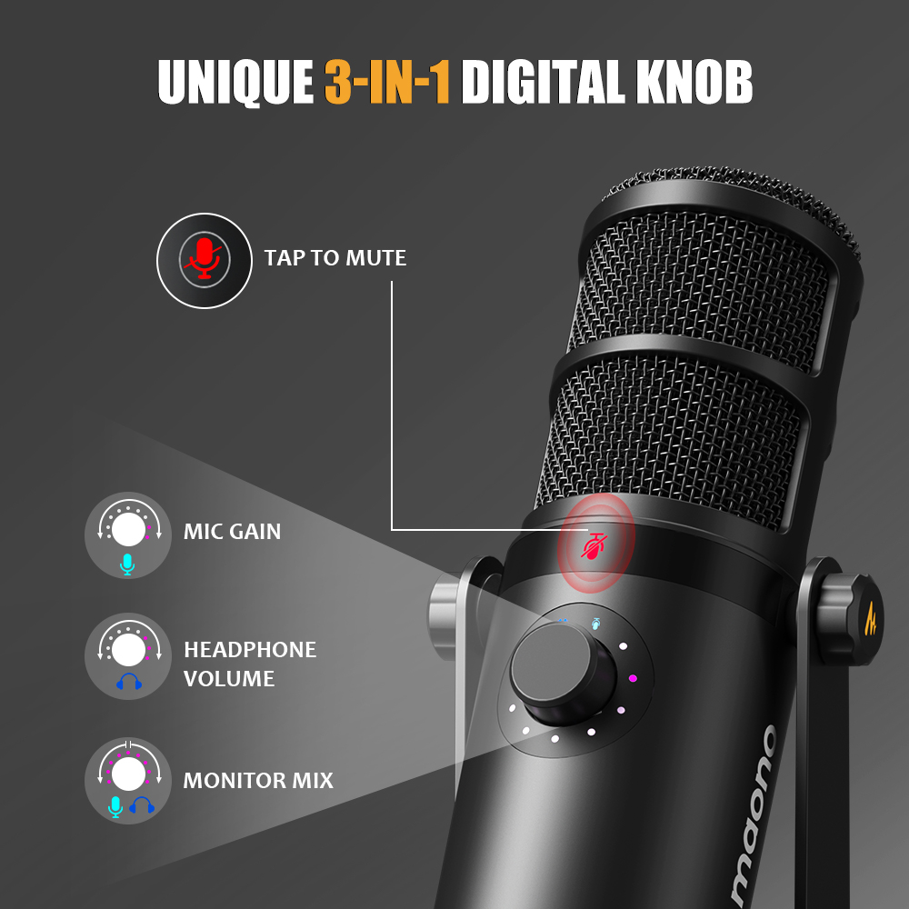 Maono USB/XLR Dynamic Microphone All Metal With One-Touch Mute Headphone Jack And Volume Control For Podcasting Streaming PD400X