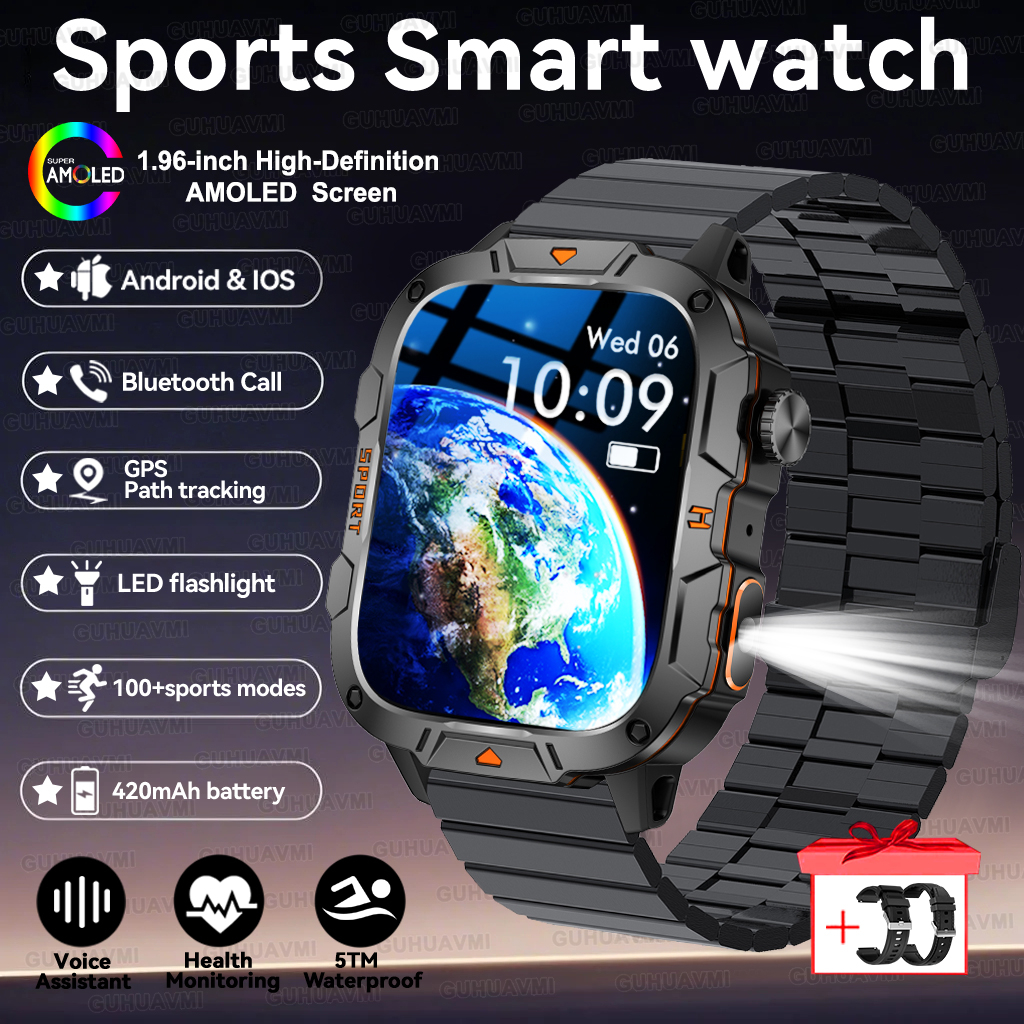 2025 For Xiaomi Outdoor Sports Smart Watch GPS trackr 5ATM Flashlight 1.96" HD Display Screen Bluetooth call Men Fitness Watches