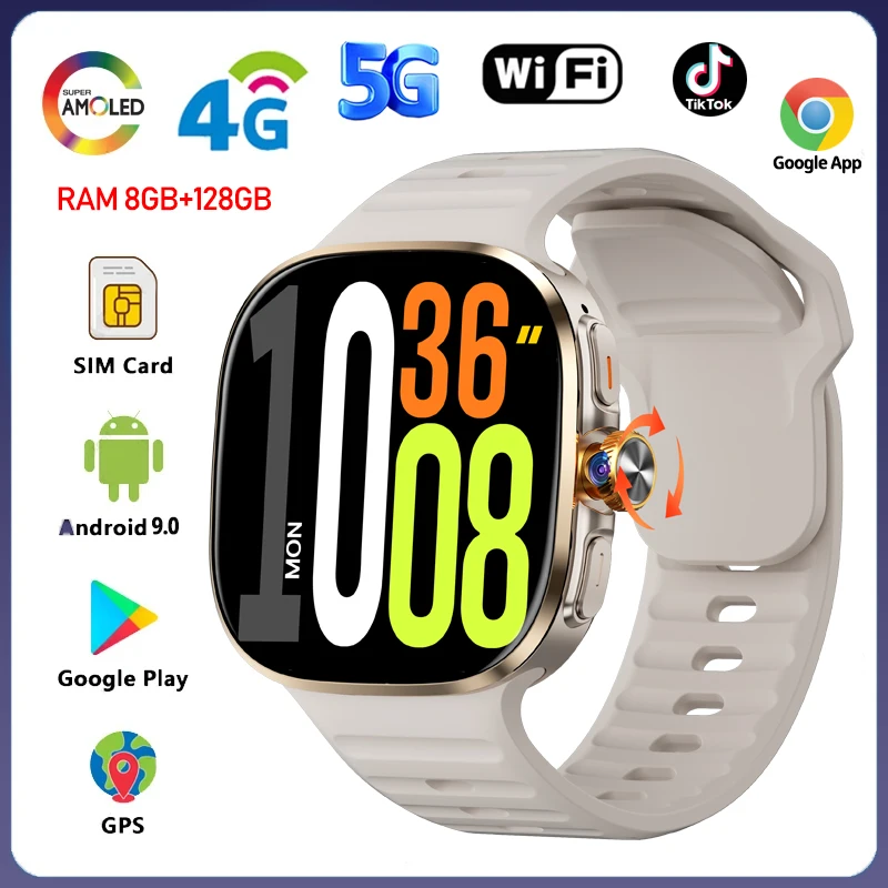 5G/4G Android 9.0 Smart Watch 2.40 inch 720*720 AMOLED HD 900W Camera Call 8GB+128GB RAM 2100mAh GPS WIFI Google APPS Smartwatch