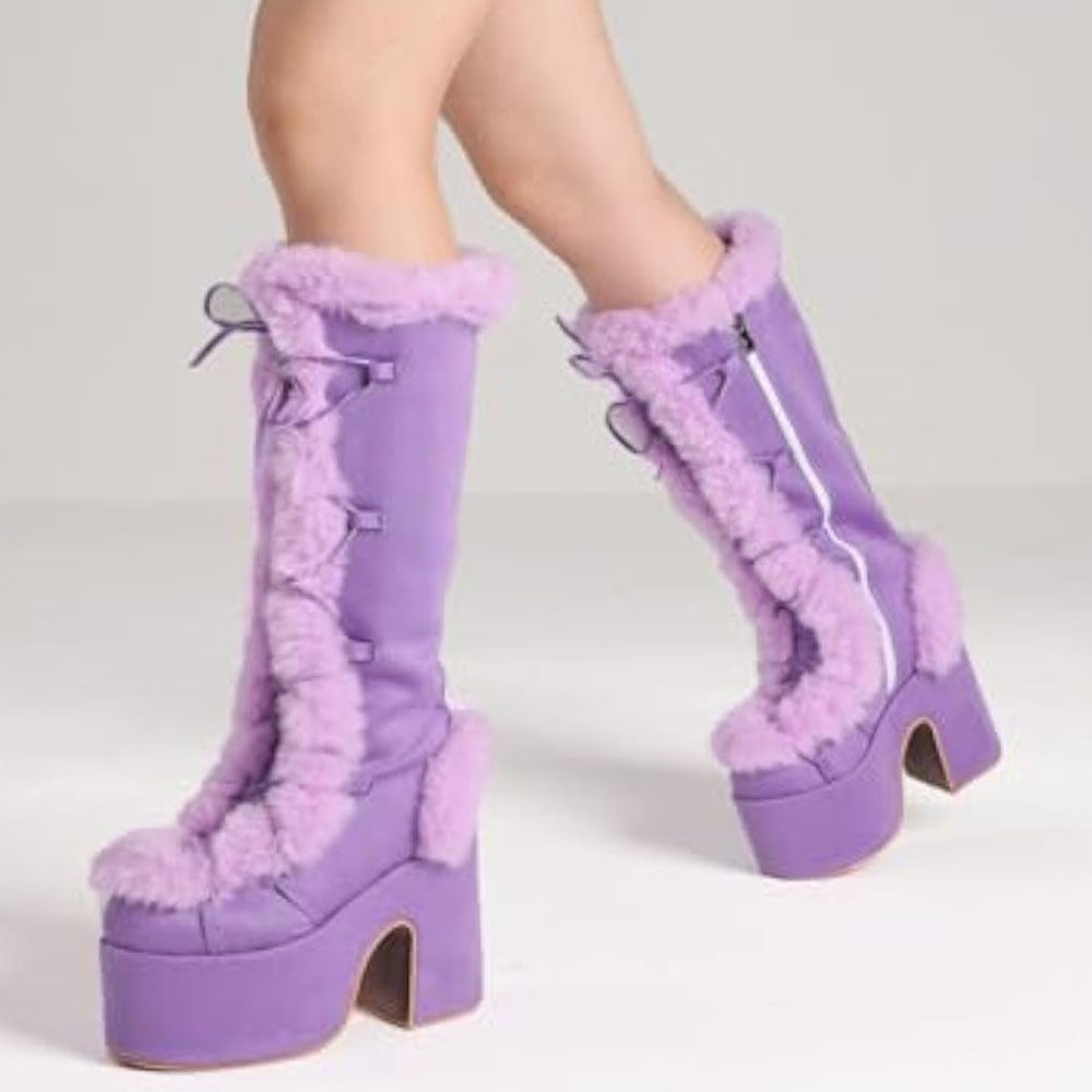 Big Size 46 Winter y2k Pink Knee High Boots Women White Chunky Platform Boots Gothic Black Faux Fur Block High Heels Boots Shoe