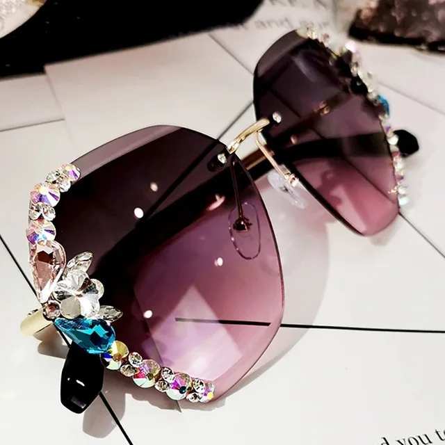2023 Luxury Brand Design Vintage Rimless Rhinestone Sunglasses Women Men Fashion Gradient Lens Sun Glasses Shades for Female