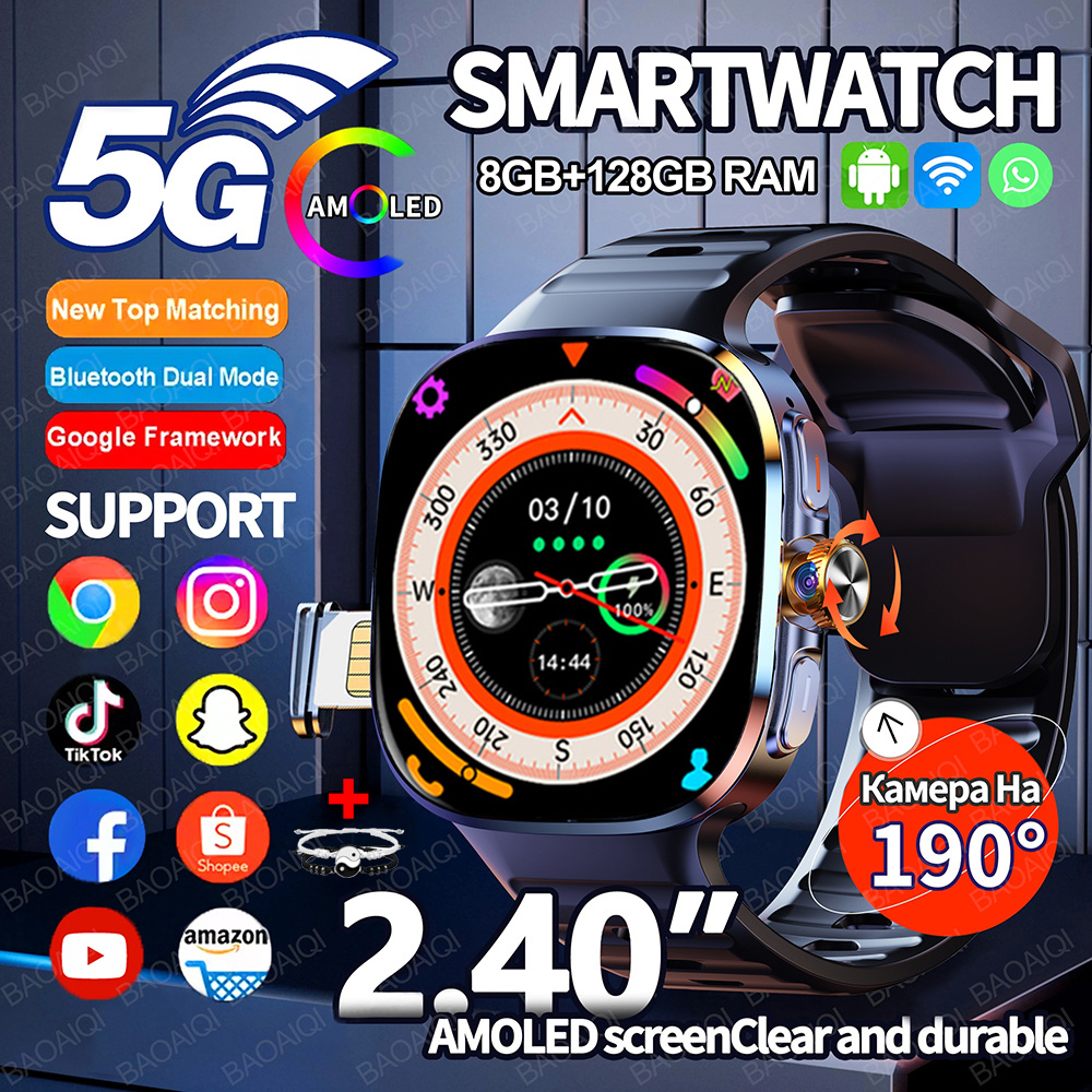 5G/4G Android 9.0 Smart Watch 2.40 inch 720*720 AMOLED HD 900W Camera Call 8GB+128GB RAM 2100mAh GPS WIFI Google APPS Smartwatch