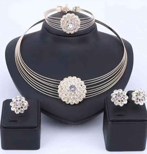 Golden Multi-Strand Choker & Crystal Flower Medallion Jewelry Set