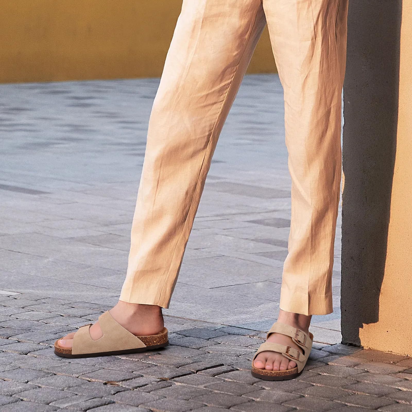 Eyriphy Summer Fashion Flat Slide with Arch Support Unisex Cork Sole Sandals Men and Women's Double Buckle PVC Material Slippers