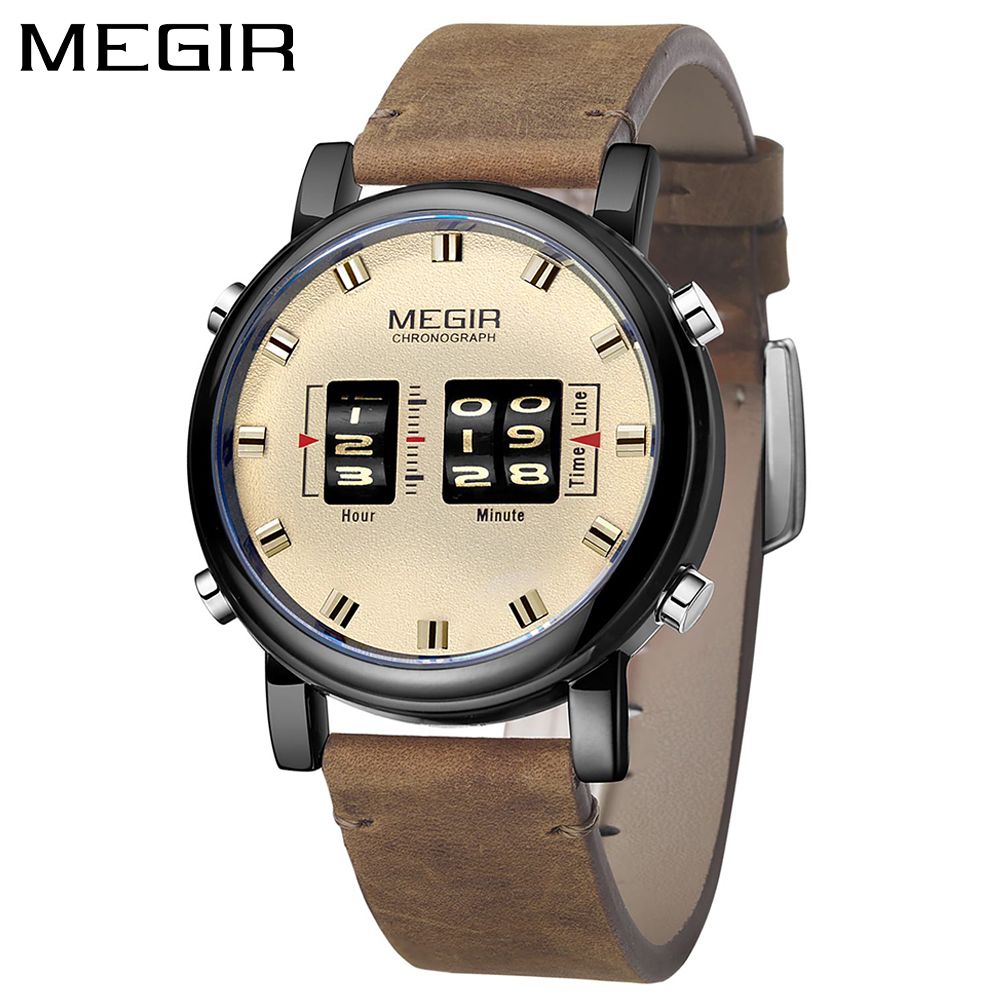 MEGIR Rolling Movement Watches for Men Personality Originality Roller Pointer Leather Fashion Casual Quartz Wristwatch Male