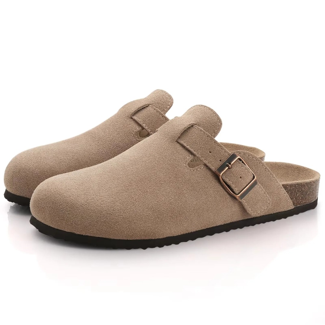 Men's and women's suede clogs, leather mules, cork soles, and cowhide Birkenstocks