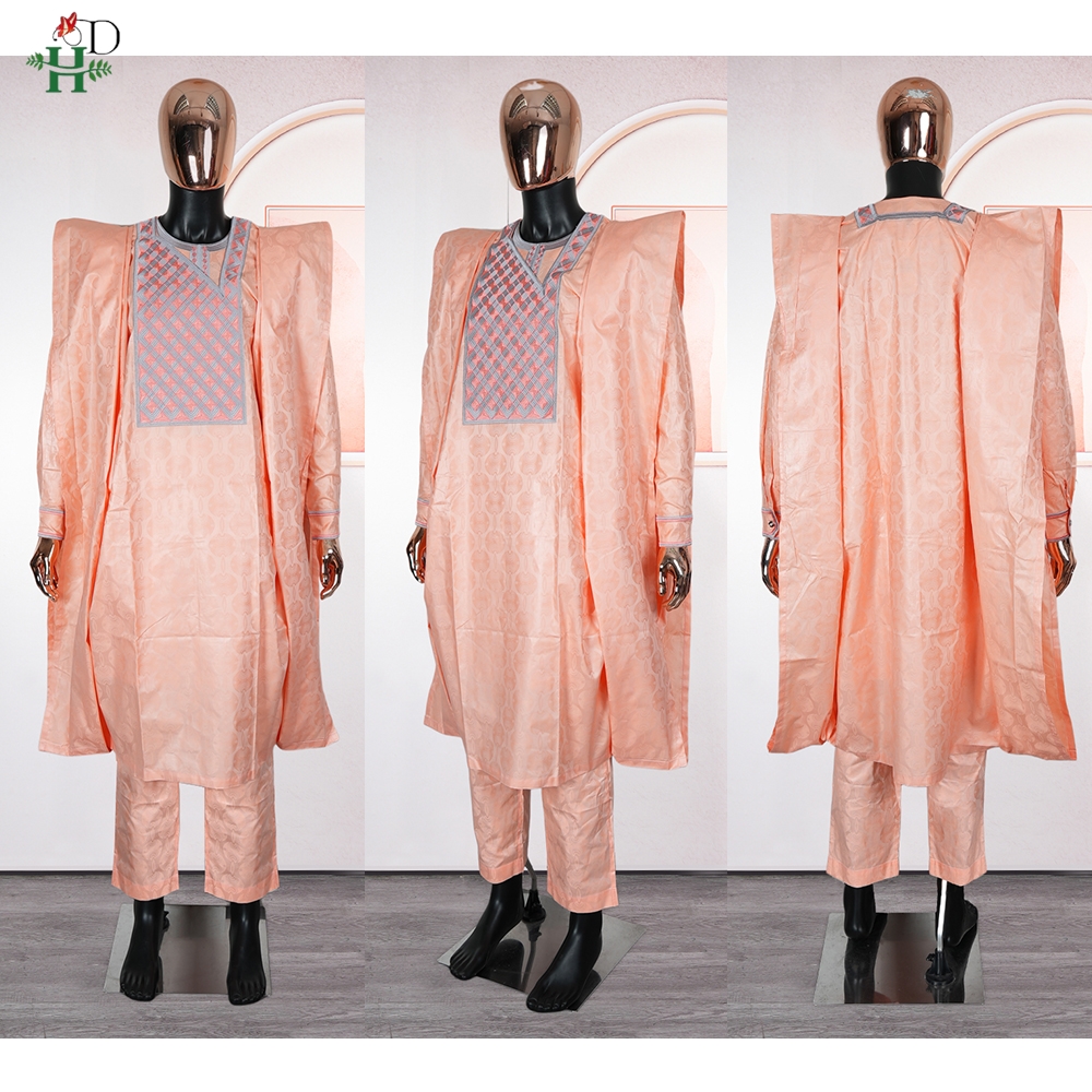 H&D African Clothing For Men Traditional Bazin Riche Embroidery Design Top Long Sleeve Pink 3 Piece Set Muslim Abaya Thobe 2025