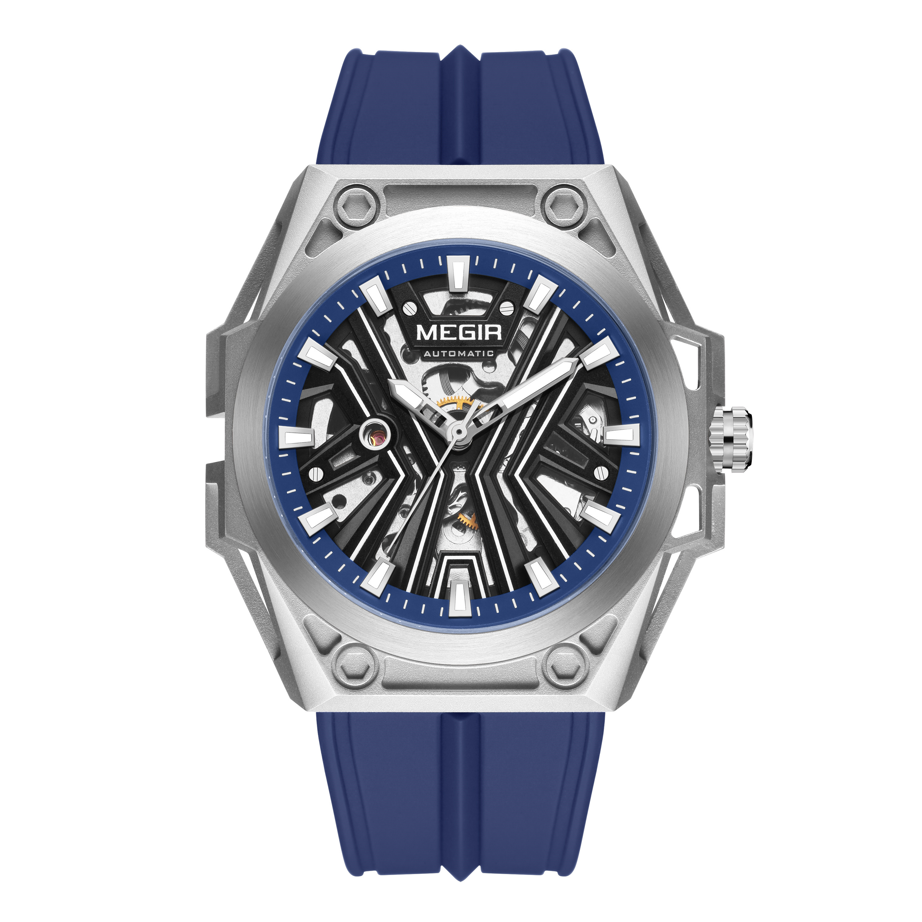 MEGIR New Stainless Steel Case Skeleton Mechanical Watch Waterproof Luminous Men Fully Automatic Wristwatch Silicone Strap Watch