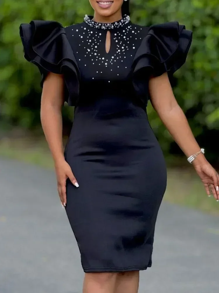 Elegant Women Party Evening Dresses Ruffle Sleeve Bodycon Midi Robe Office Ladies Overalls African Dashiki Ankara Clothing 2025