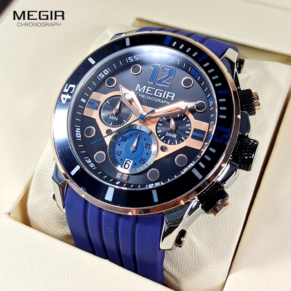 MEGIR Chronograph Quartz Watch for Men Fashion Military Sport Olive Green Wristwatch Luxury Waterproof Watches Male часы мужские