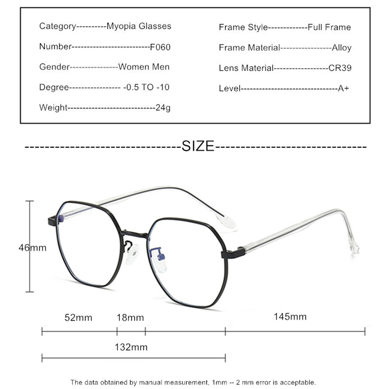 Prescription Custom Myopia Glasses Sphere -0.5 To -10 Men Women Upscale Alloy Polygonal Frame Nearsighted Spectacles F060