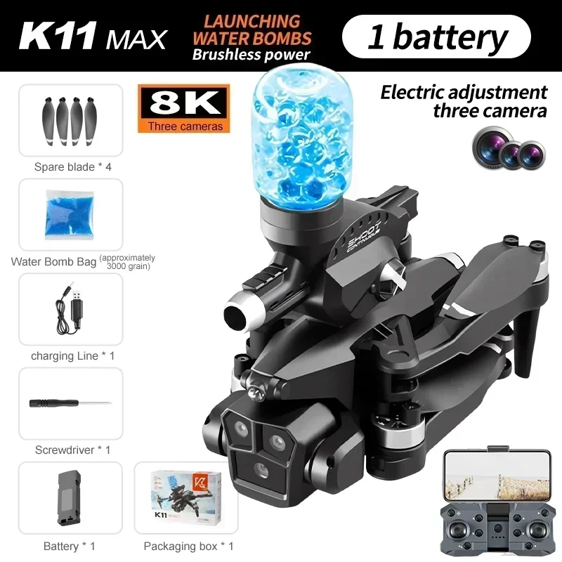 K11 MAX Drone 8K HD Foldable FPV ESC RC Tripple Camera Optical Flow Positioning Brushless Lauching Water Bombs