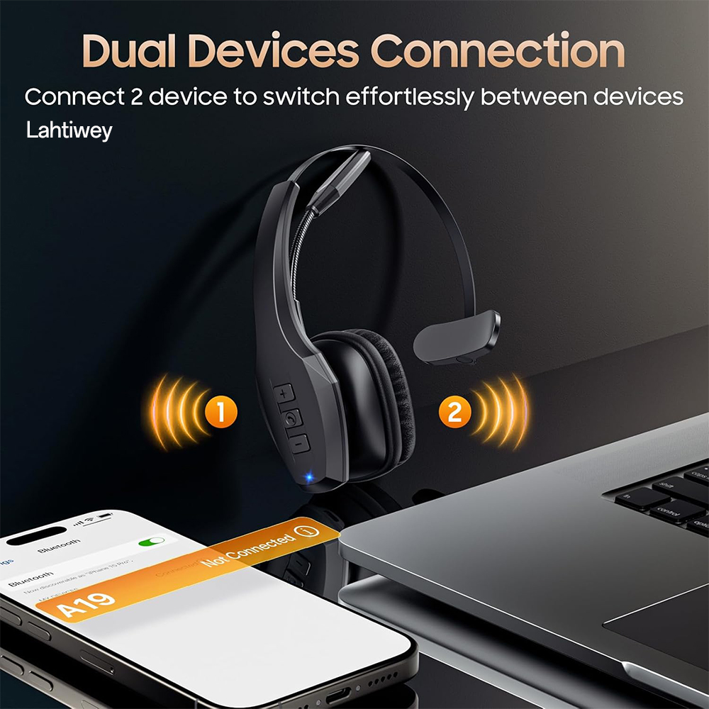 Trucker Bluetooth Headset, Wireless Headset with Mic, Bluetooth Headsets with Dual Noise Cancelling Microphone & Mute Button