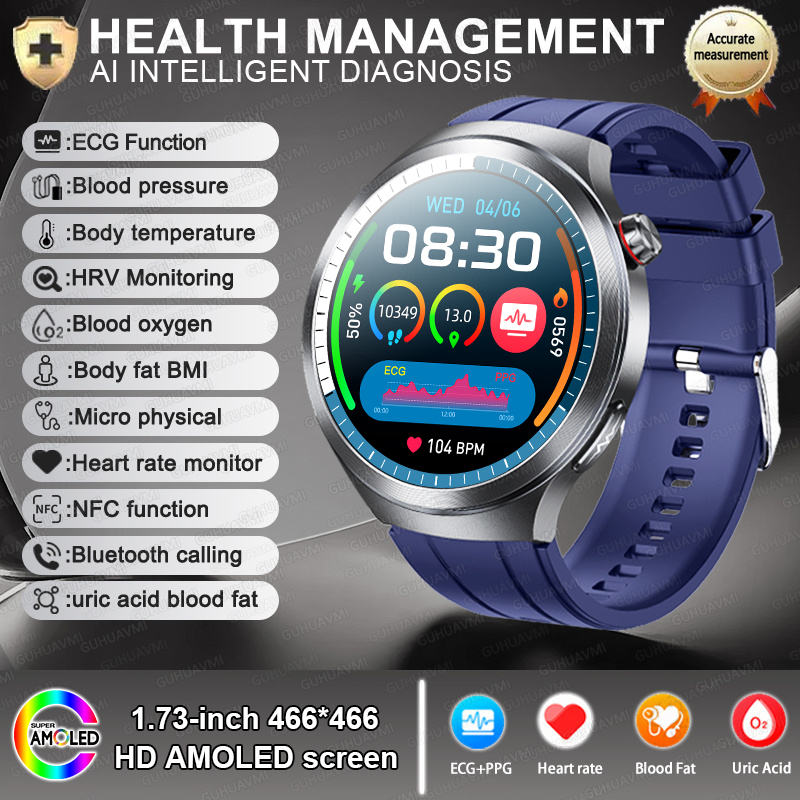 2025 New Health detection ECG+PPG Uric Acid Blood Oxygen Body Analysis Smart Watch Clock Bluetooth BT Call Smart Watch Men
