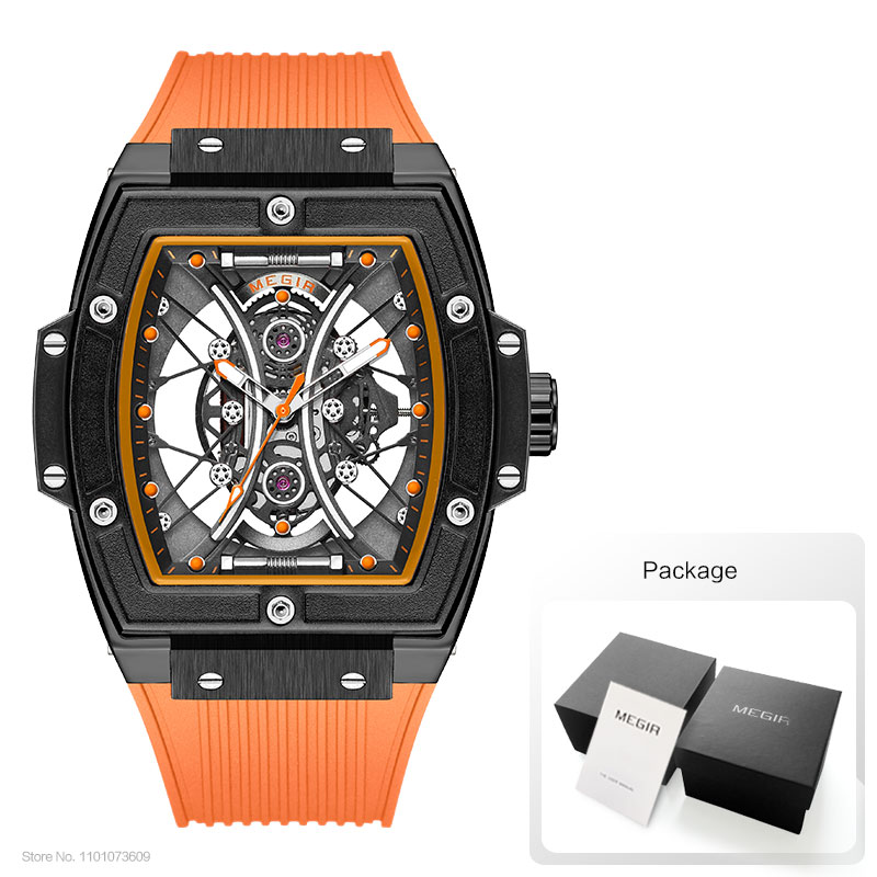MEGIR Fashion Analog Quartz Watch Men Tonneau Dial Waterproof Military Sport Wristwatch with Luminous Hands Orange Silicone Band