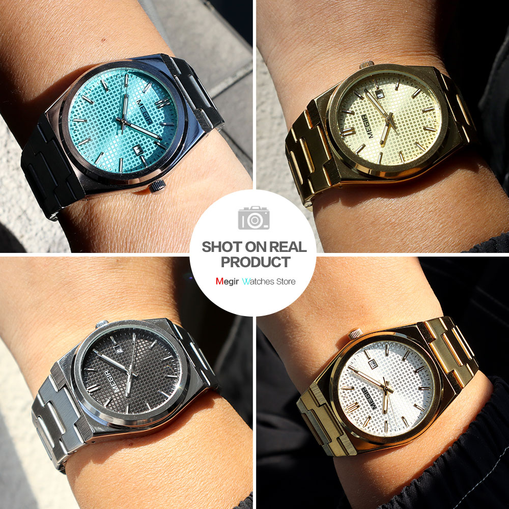MEGIR Fashion Analog Quartz Watch for Men Steel Strap Dress Waterproof Luminous Wristwatch with Calendar Aquamarine Dial 1086