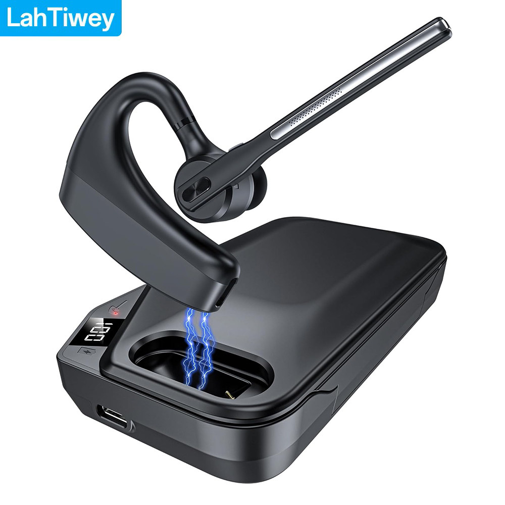 Bluetooth Headset, Wireless Earpiece with Charging Case, Bluetooth Headphones with Dual-Mic Noise Cancelling for Trucker Office