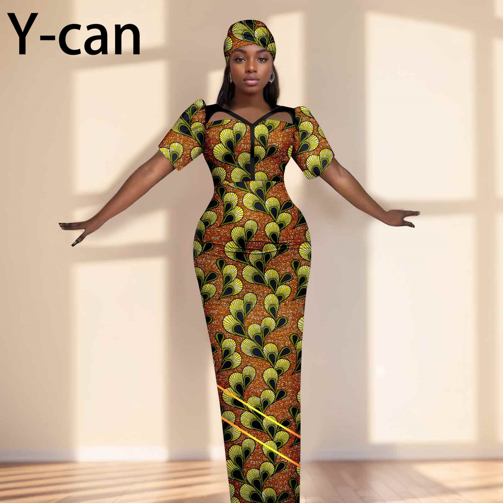 Party Gown African Dresses for Women Slim Fit Short Sleeve Dress Evening Vestidos with Headwrap Dashiki Ankara Print 2525071