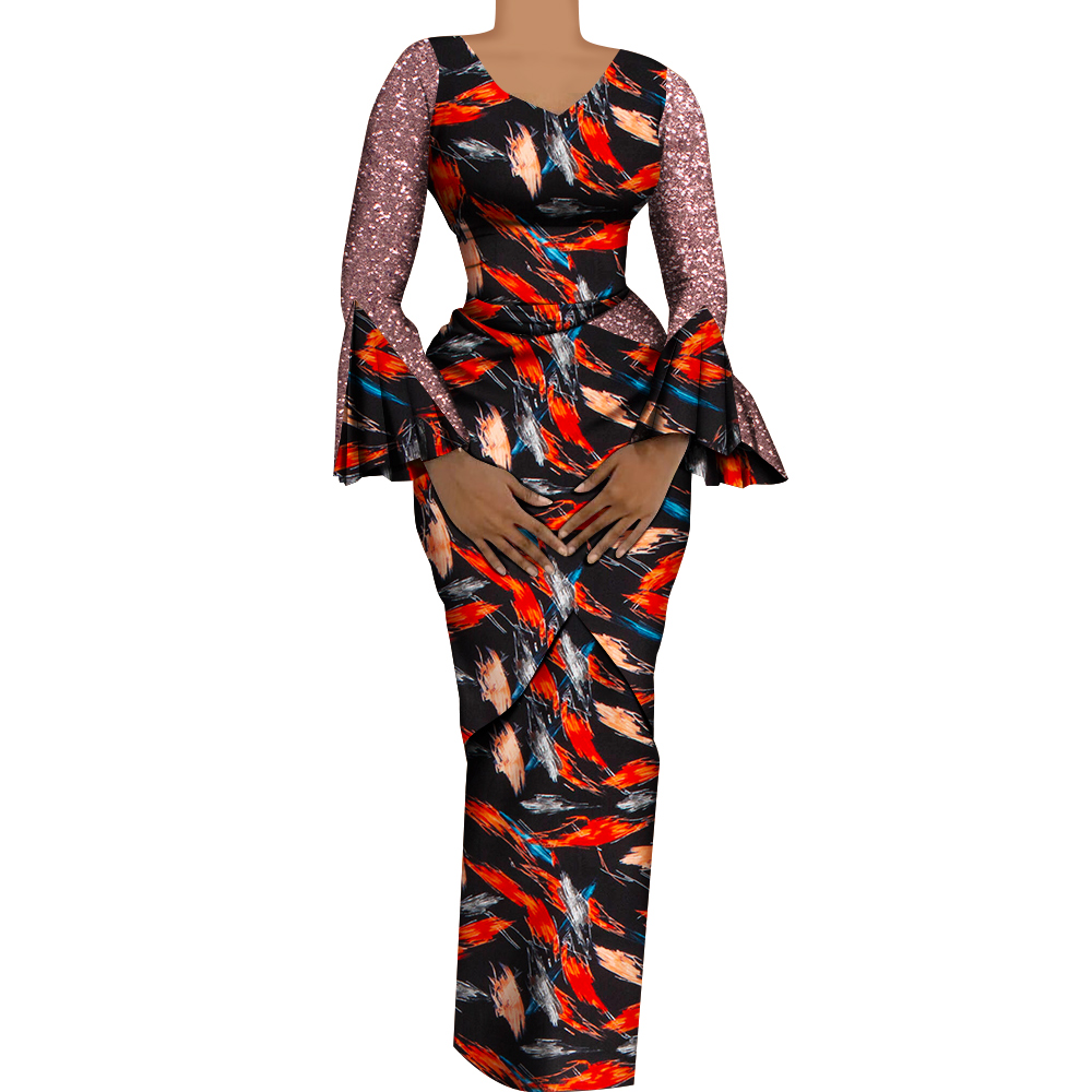 Women African Outfits 2 Pieces Set Shiny Flare Sleeves V Neck Tops and Long Pencil Skirts African Clothes for Women WY9972