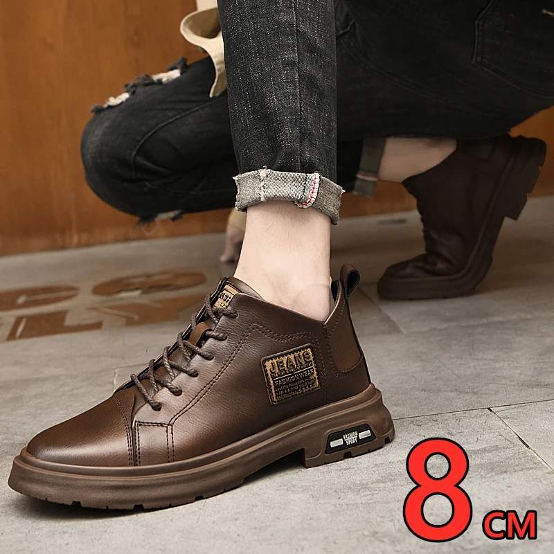 Men Genuine Leather Heightening Shoes Comfort Lace Up Casual Elevator Shoes Commerce Breathable Height Increase Insole 8CM Sport