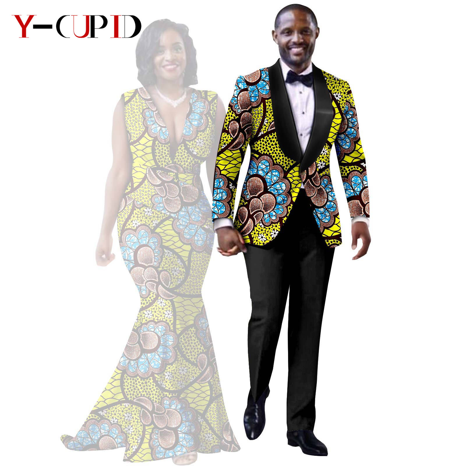 African Print Long Mermaid Dresses for Women Matching Couple Clothes Men Suits Top and Pant Sets Dashiki Party Wedding 25C005