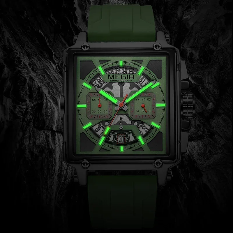 MEGIR 2233 Fashion Silicone Strap Luxury Square Watch Men's Watch Disc Quartz Chronograph Calendar Waterproof Watches for Men