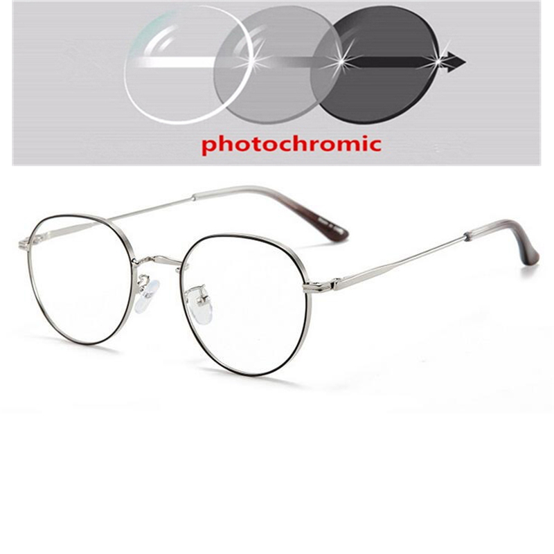Metal Anti Blue Light Polygon Myopia Glasses Finished Women Men Photochromic Gray Prescription Eyeglasses 0 -50 -75 -100 To -400