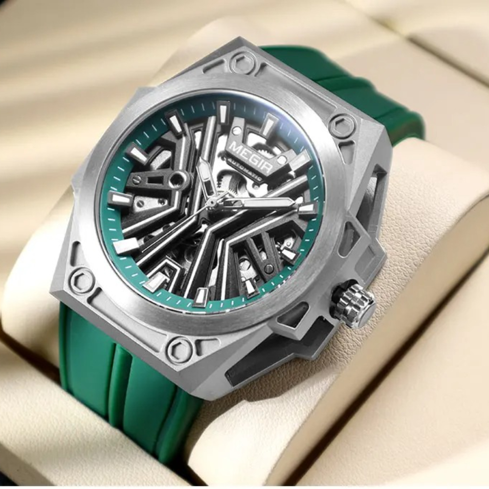MEGIR 8603 Fashion Automatical Watch for Men Military Sport Waterproof Mechanical Skeleton Dial Silicone Strap Watches for Man