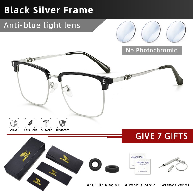 BLMUSA Men Classic Chrome Style Hearts Reading Glasses Anti Blue Light Myopia Glasses Photochromic Prescription Optical Eyewear