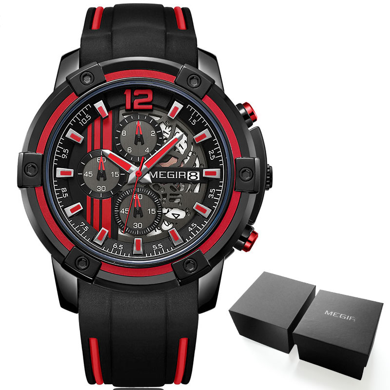 Megir Men's Sports Quartz Watches Army Military Chronograph Wristwatch for Man Luminous Relogios Masculino Clock  2097 Black Red