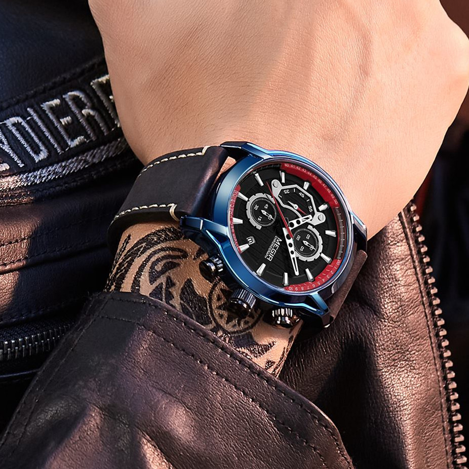 MEGIR Fashion Men's Sports Watches Chronograph Luxury Quartz Clock Leather Casual Wristwatch Army Military Watch Reloj Hombre